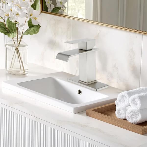 Arc Waterfall Single Handle Single Hole Bathroom Faucet with Drain Kit Included in Nickel