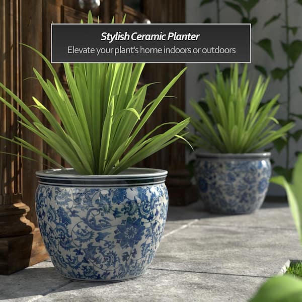 Red Lantern 16 in. Floral Blue and White Porcelain Fishbowl BW