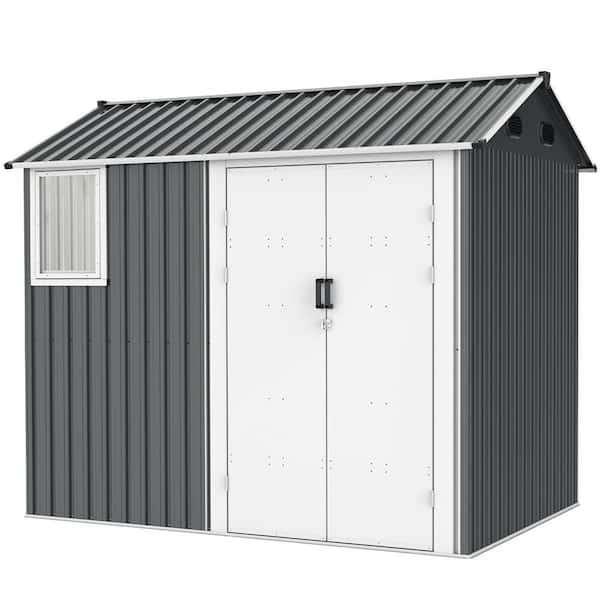 ToolCat 8 ft. W x 6 ft. D Metal Outdoor Storage Shed with Window, Floor Base and Double Hinged Door, Dark Gray (43.8 sq. ft.)