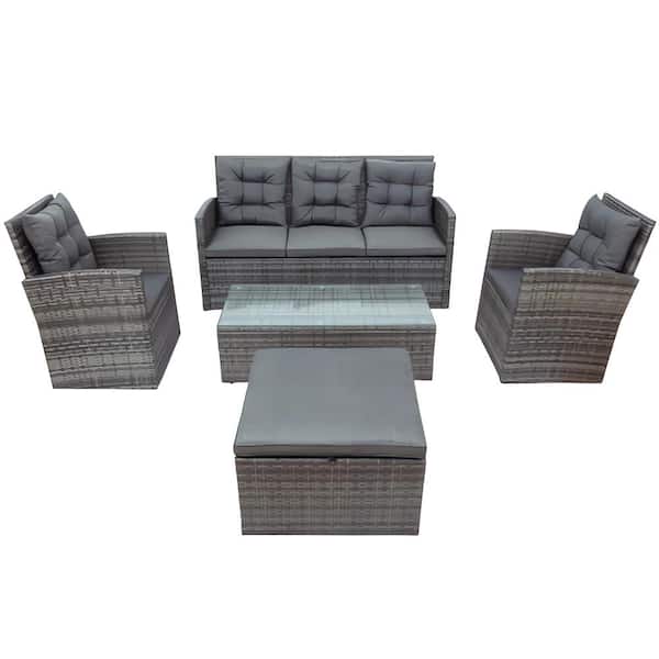 Unbranded 5 Pieces PE Wicker Outdoor Sectional Sofa Set Rattan Daybed, Conversation Furniture Set with Gray Cushions