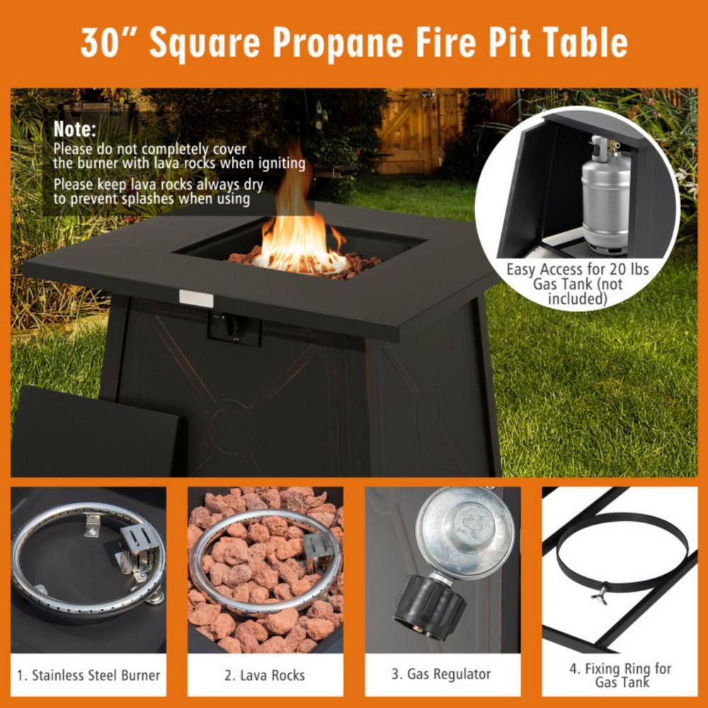 Black Steel 30-Inch Square Gas Fire Pit Table with Cover