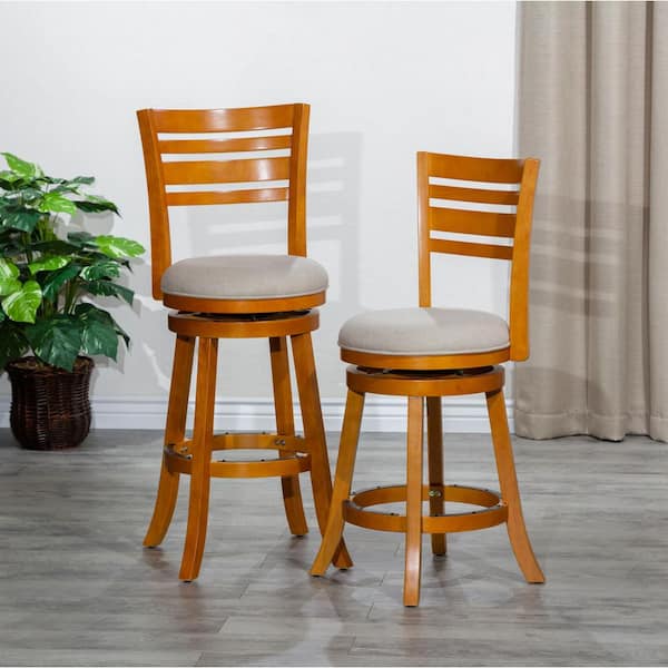 Cedara 24 in. H Natural Wood Frame Slatted Back Counter Height Swivel Bar Stool with Beige Fabric Seat (1-Pack)