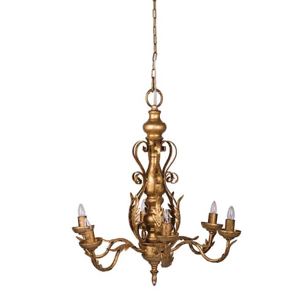 cenadinz 60-Watt 6-Light Gold Metal Chandelier Hanging Light Fixture for Dining Living Room No Blub E12