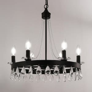 6-Light Black Chandelier with Crystal Bead Hanging Ceiling FixtureRustic Vintage Candle Style Industrial Ceiling Light