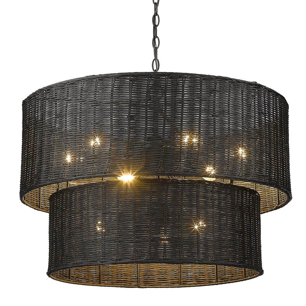 Erma Bohemian-Chic Black Wicker and Steel 9-Light Chandelier