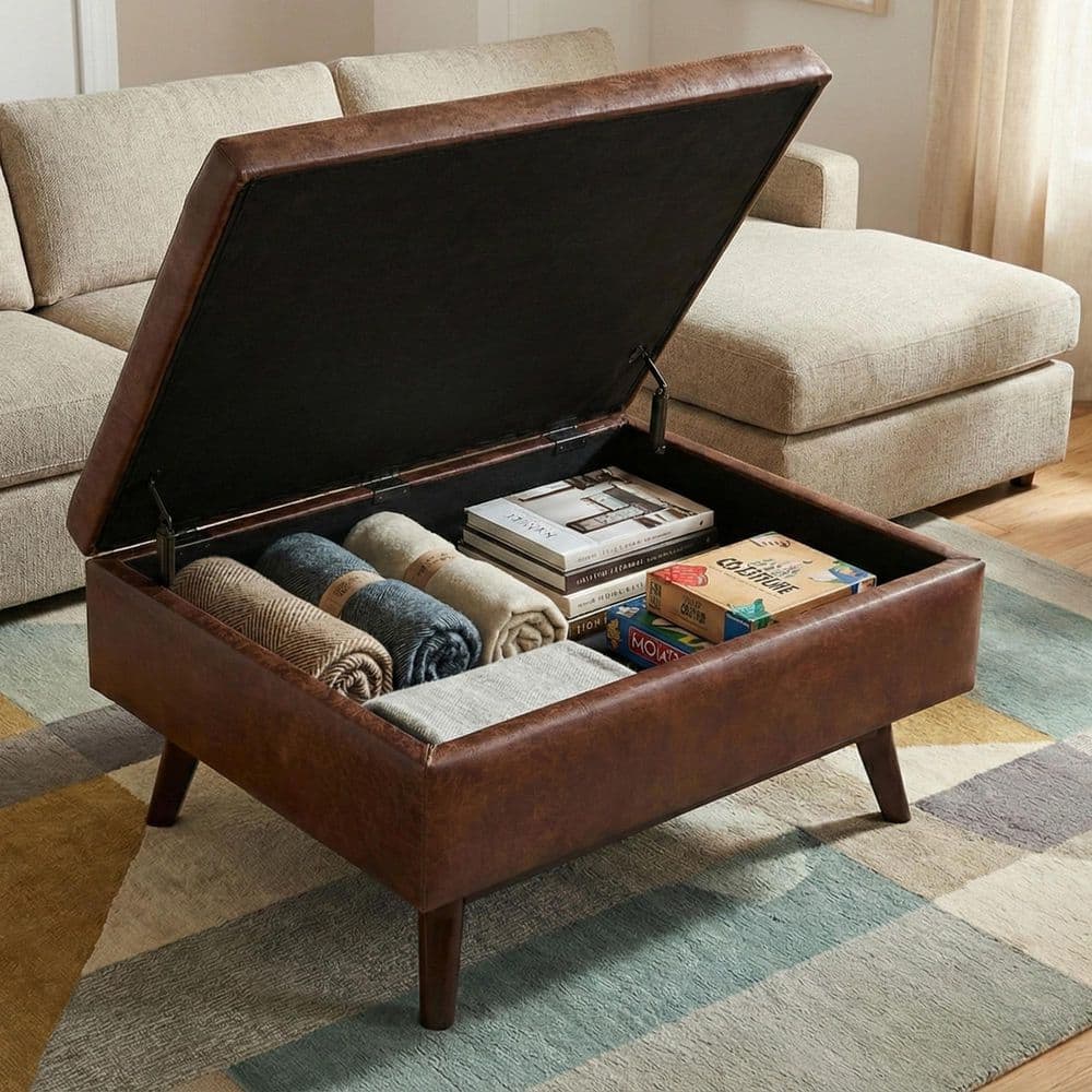 Simpli Home Owen 34 in. Faux Leather Wide Coffee Table Storage