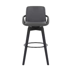 30 in. Luxurious Grey Faux Leather and Black Wood Swivel Bar Stool
