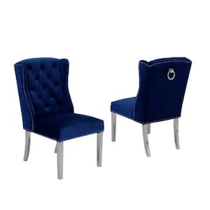 Ali Navy Blue Velvet Stainless Steel Dining Chairs (Set of 2)