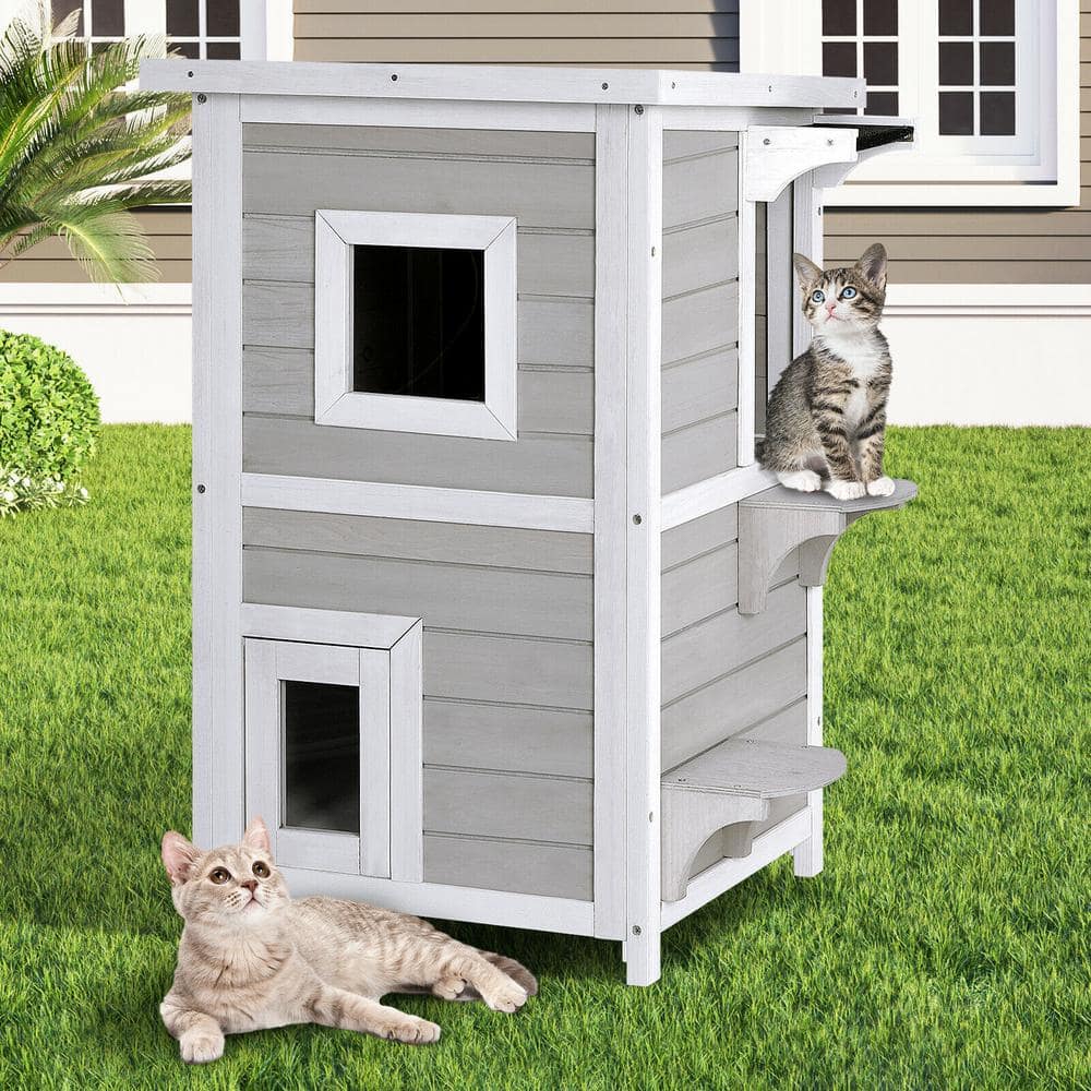 Gray and White 2-Story Wooden Outdoor Cat House with Escape Door