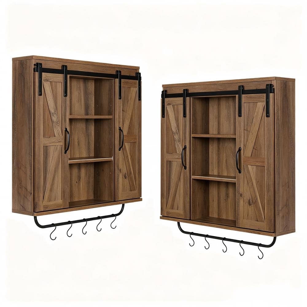 30.7 in. W x 27.6 in. H Brown Wall Mounted Medicine Cabinet without Mirror with Sliding Barn Doors and 3 Tiers price history on PriceWatchPro