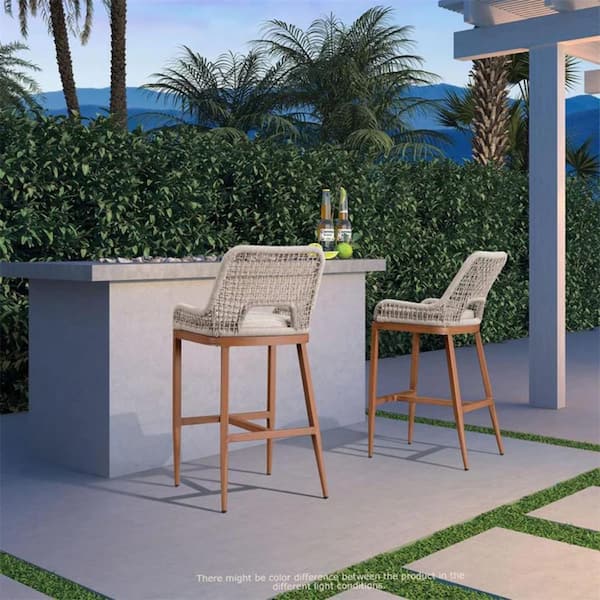 Modern Aluminum Plaid Wicker Woven Bar Height Outdoor Bar Stool with Back and Cushion (2-Pack)