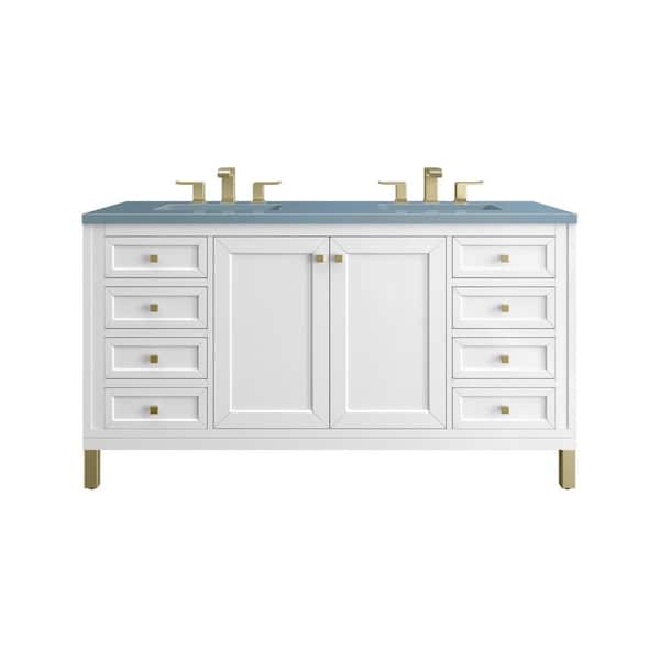 James Martin Vanities Chicago 60.0 in. W x 23.5 in. D x 34 in. H Bathroom Vanity in Glossy White with Cala Blue Quartz Top