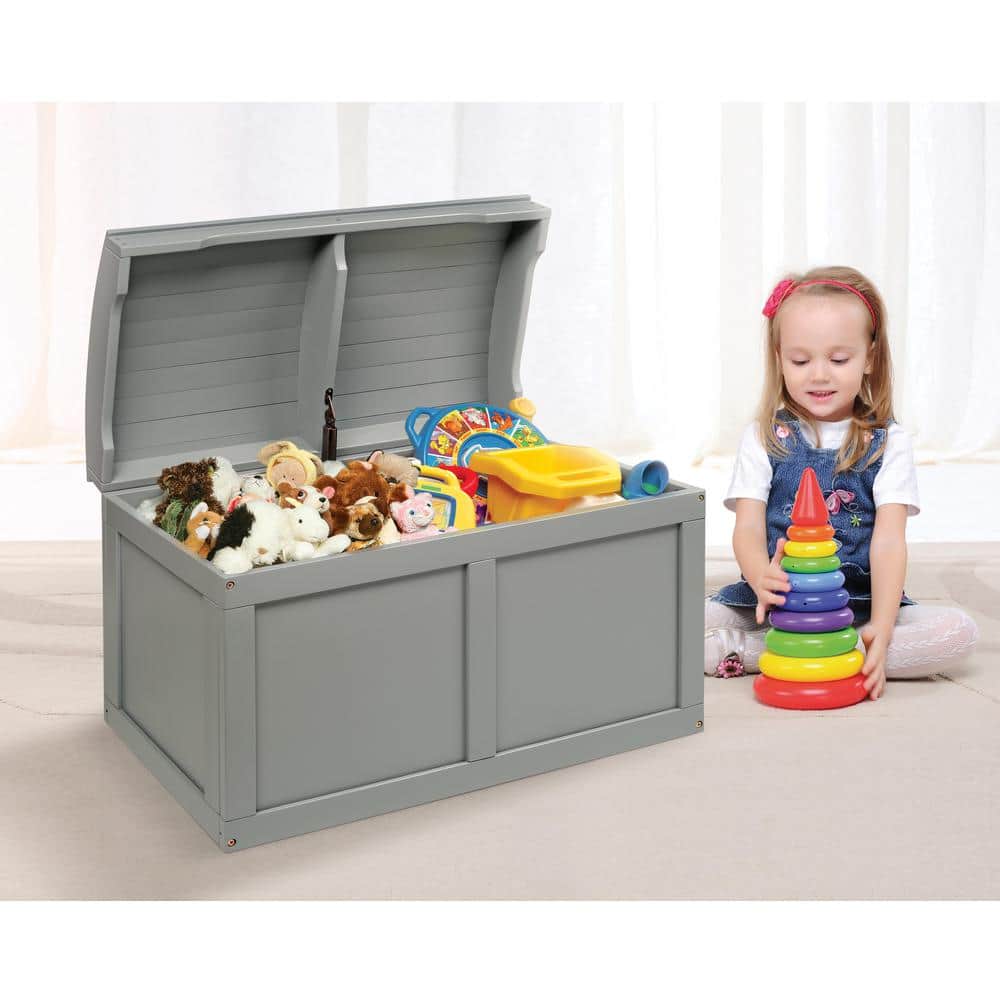 Gray Wooden Barrel Top Toy Chest with Safety Hinge