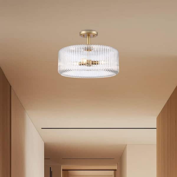 Bel Air Lighting Quartz Quarters 15.75 in. 4-Light Gold Semi-Flush Mount Ceiling Light with Clear Reeded Glass Shade