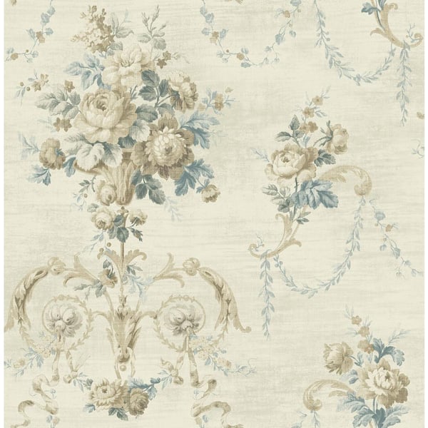 CASA MIA Floral Tapestry Beige and Bleu Paper Non - Pasted Strippable Wallpaper Roll (Cover 56.05 sq. ft.)