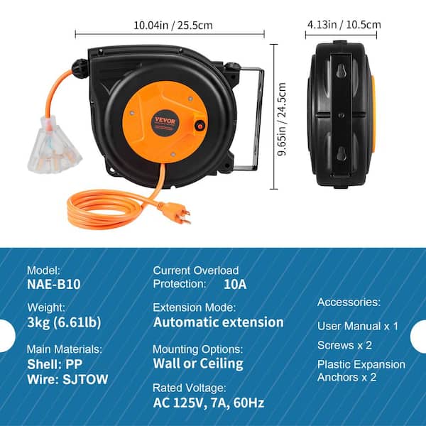 SURAIELEC 30 FT Retractable Extension Cord, 16AWG/3C SJTW Power Cord Reel,  3 Electrical Outlets Triple Tap, 10 AMP Circuit Breaker, Ceiling