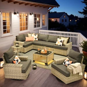 Tiberty Gray 9-Piece Wicker Patio Conversation Seating Set with Black Cushions and Swivel Chairs