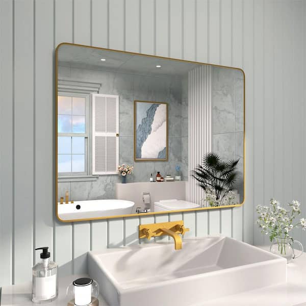 TaiMei 48 in. W x 36 in. H Rectangular Framed Wall Bathroom Vanity Mirror in Gold