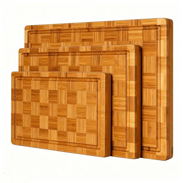 3-Piece Dark Brown Bamboo Cutting Board Set with with Juice Groove, End Grain Serving Tray, Hand Wash Only