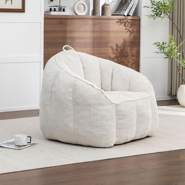 Revon Beige Corduroy Upholstered Bean Bag Chair with Armrests and High-Density Shredded Foam