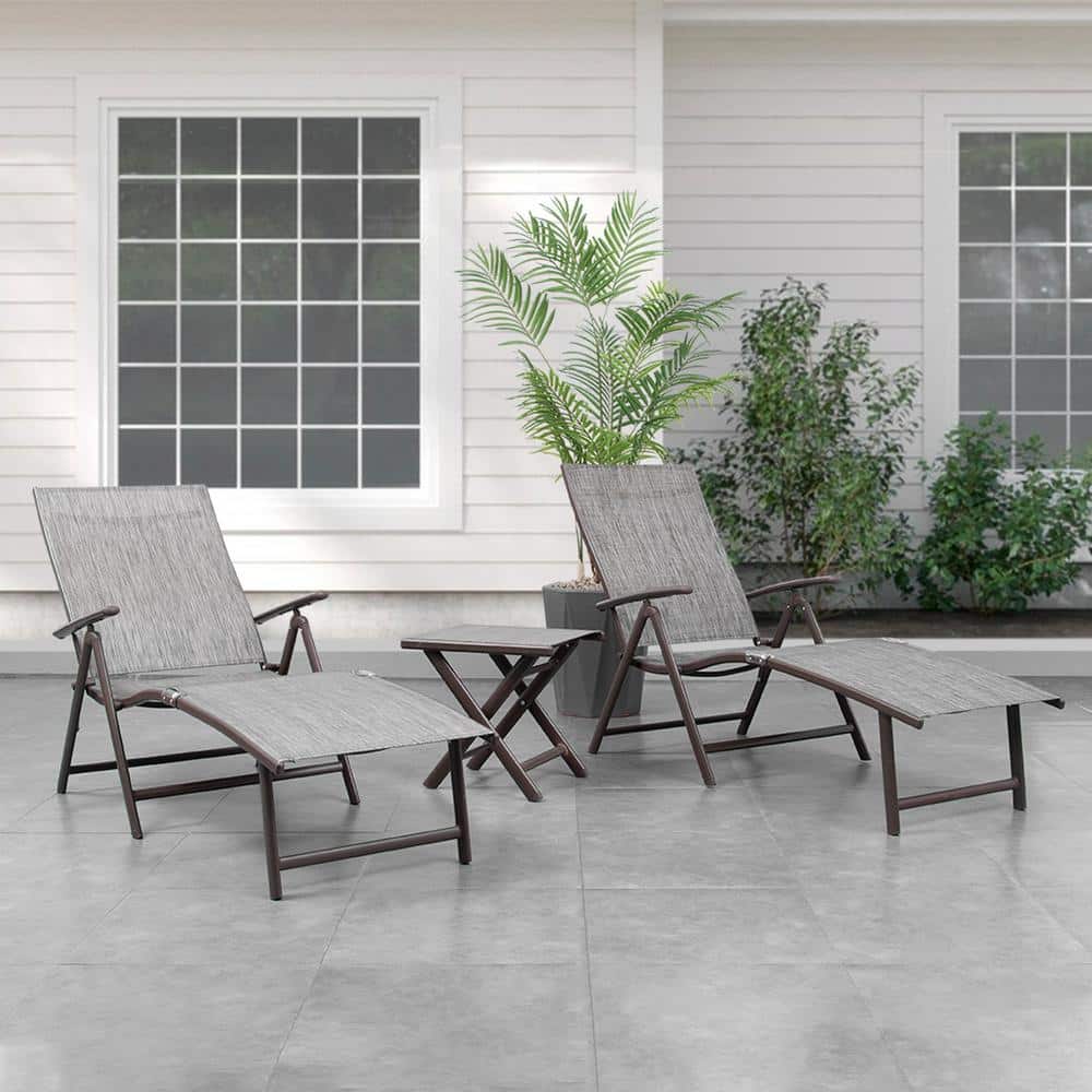 2-Person Black and Gray Aluminum Adjustable Chaise Lounge Set with Table