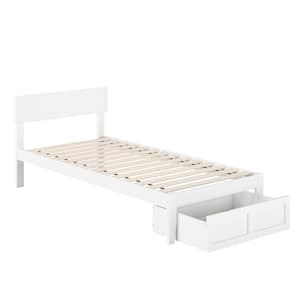 Boston White Twin Extra Long Solid Wood Storage Platform Bed with Foot Drawer