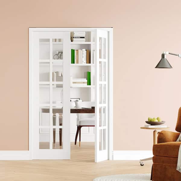 48 in. x 80 in. (Double 24 in. W Doors) 10 Lite, White Primed, No Bore, Clear Glass finished MDF Wood Interior Door Slab