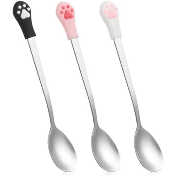 Unbranded Cute Pet Spoon 3-pieces Stainless Steel Silicone Cat Dog Food Scoop Long Handle White Pink Black