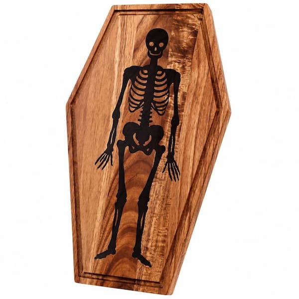 16.93 in. Coffin Dark Wood Acacia Wood Serving Board with Skeleton Pattern and Built-in Handle