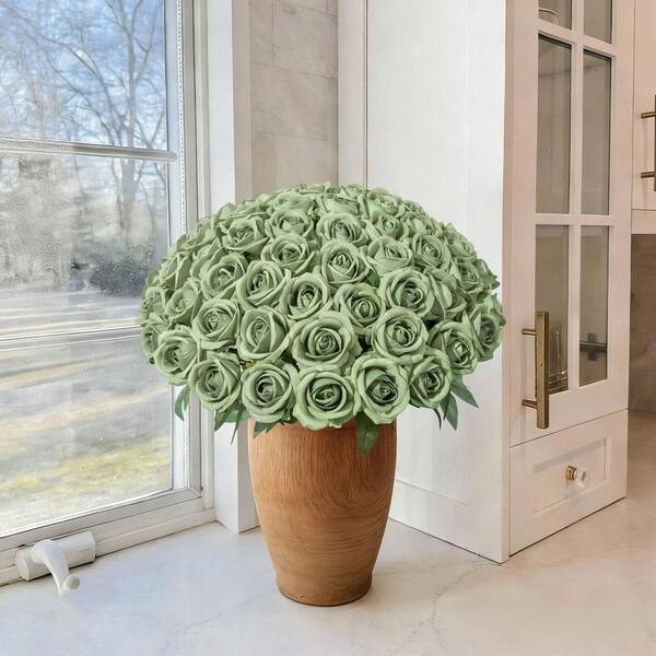 20.1 in. Botanical Series Green Indoor Artificial Roses in Clear