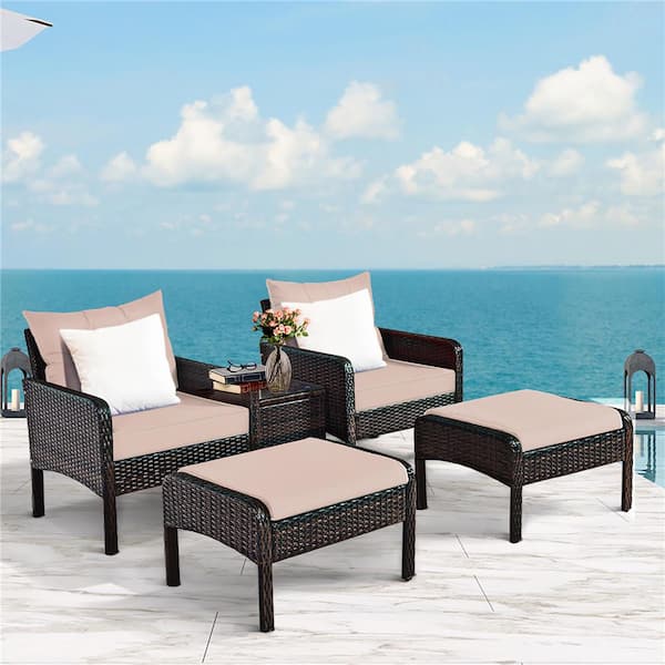Brown 5-Piece Rattan Wicker Patio Conversation Ottoman Sofa Coffee Table Set with Yellowish Cushion