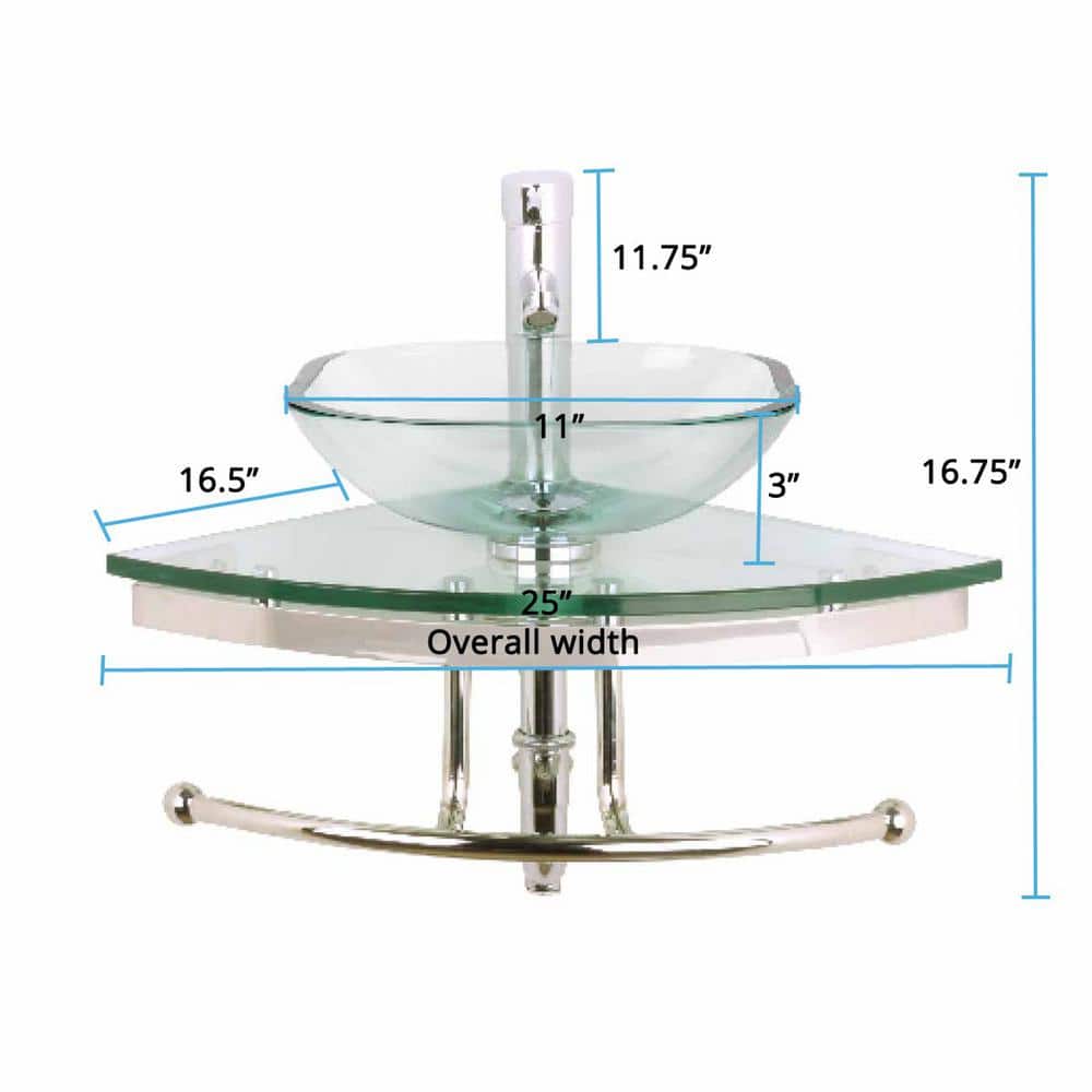 Talula Clear Tempered Glass Corner Bathroom Sink with Chrome Faucet