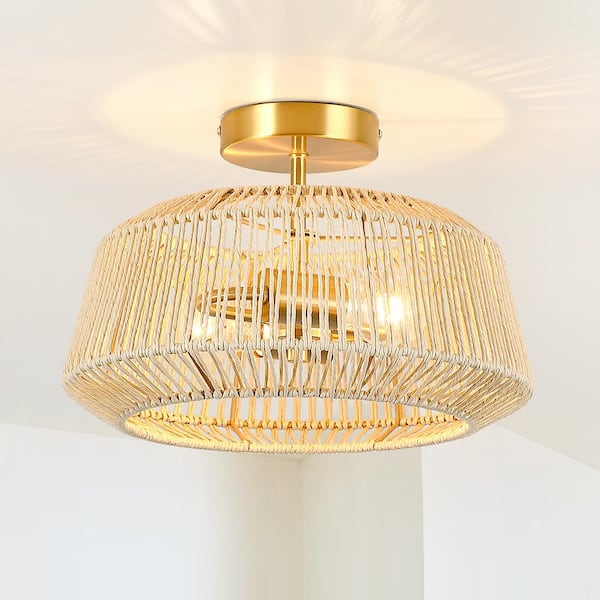 Bohe 14 in. 2-Light Rattan Semi-Flush Mount Ceiling Light with Brass C