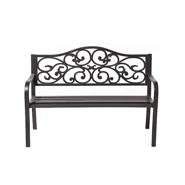 Tidoin 50 in. Dark Brown Metal Outdoor Patio Bench 2-Person Bench with Floral Design Backrest
