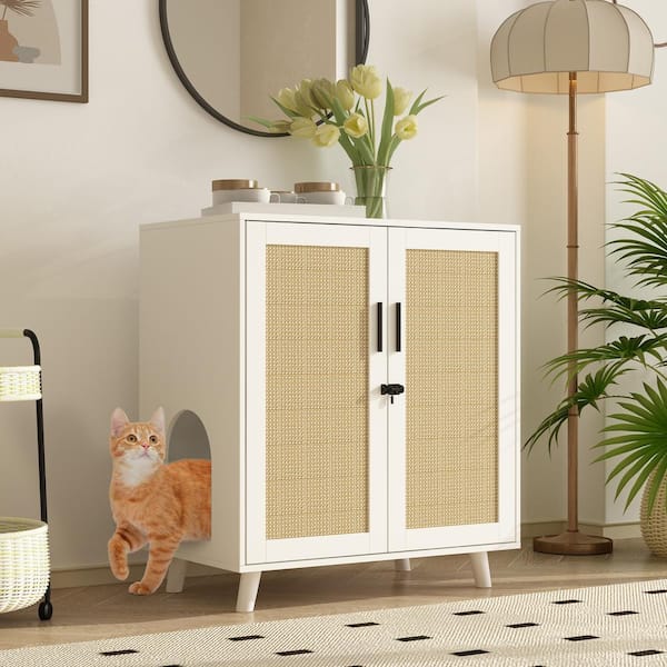 FUFU&GAGA Modern Cat Litter Box Enclosure for Rooms, White Hidden Litter Box Furniture Cat Washroom Storage With Lock Sisal Door