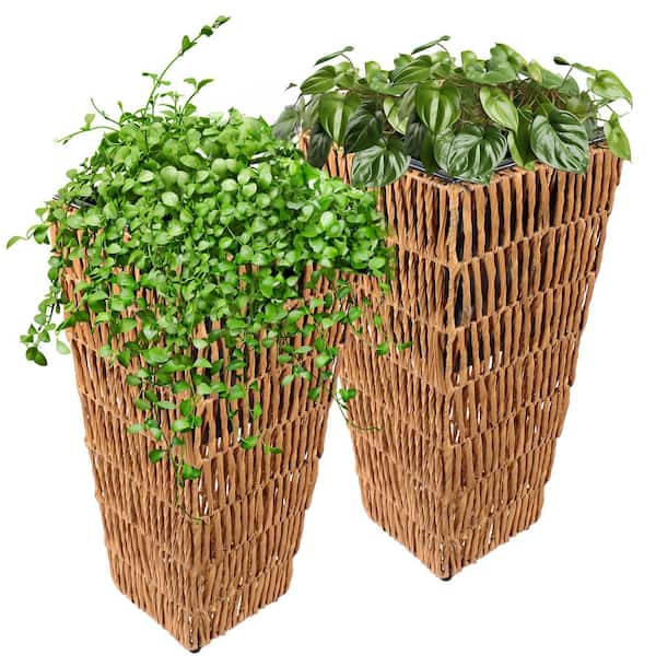 Sunnydaze 9.25 in. x 9.75 in. Plastic Hyacinth Poly-Wicker Tall Planter Pots - Barley - (Set of 2)