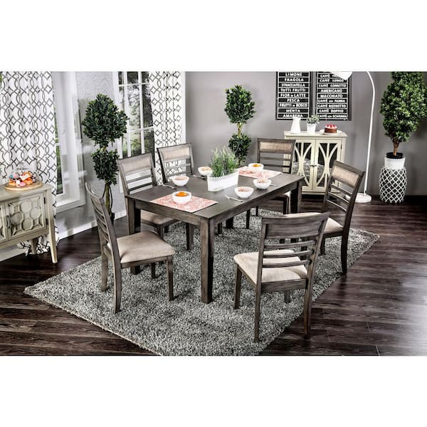 Talyah 7 Piece Transitional Style Dining Table Set in Weathered Gray and Beige Finish