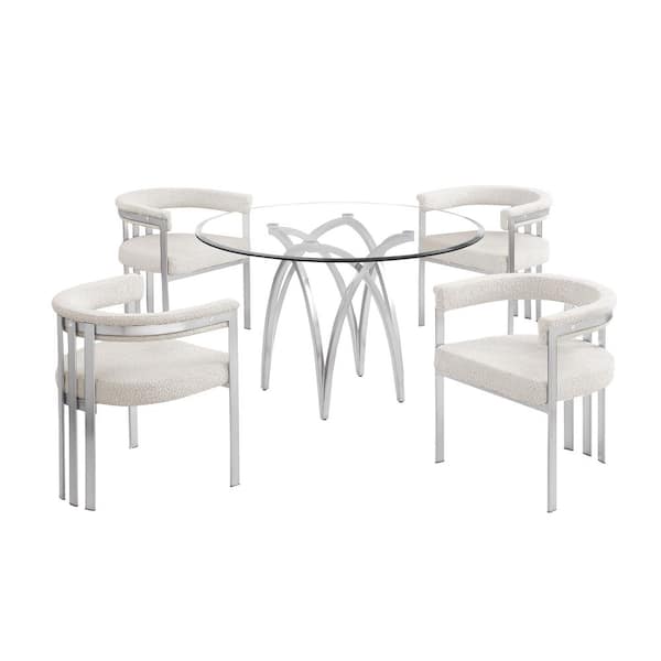 Best Quality Furniture Bayton 5-Piece Clear Tempered Glass Top Brushed Matte Chrome-Plated Base Dining Set With 4 Cream Boucle Fabric Chairs