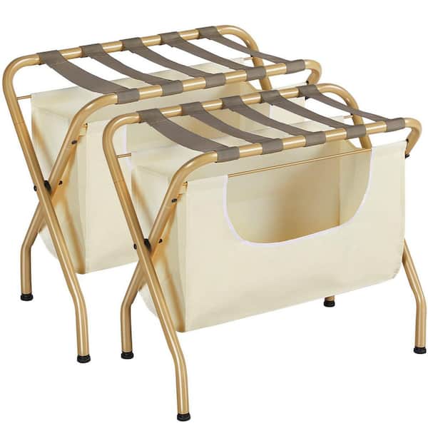 Numhew 2-Pack Gold Folding Luggage Rack with Laundry Bag and Heavy Duty Nylon Belts for Bedroom and Hotel