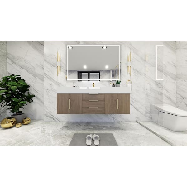 Bethany 59 in. W. x 20 in. D x 22 in. H Single Sink Floating Bath Vanity in Light Oak with White Acrylic Top