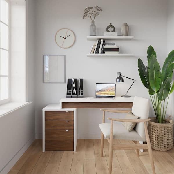 Nexera Liber-T 47.75 in. W Rectangular White Melamine and Walnut Laminate Wood Reversible Writing Desk with File Cabinet