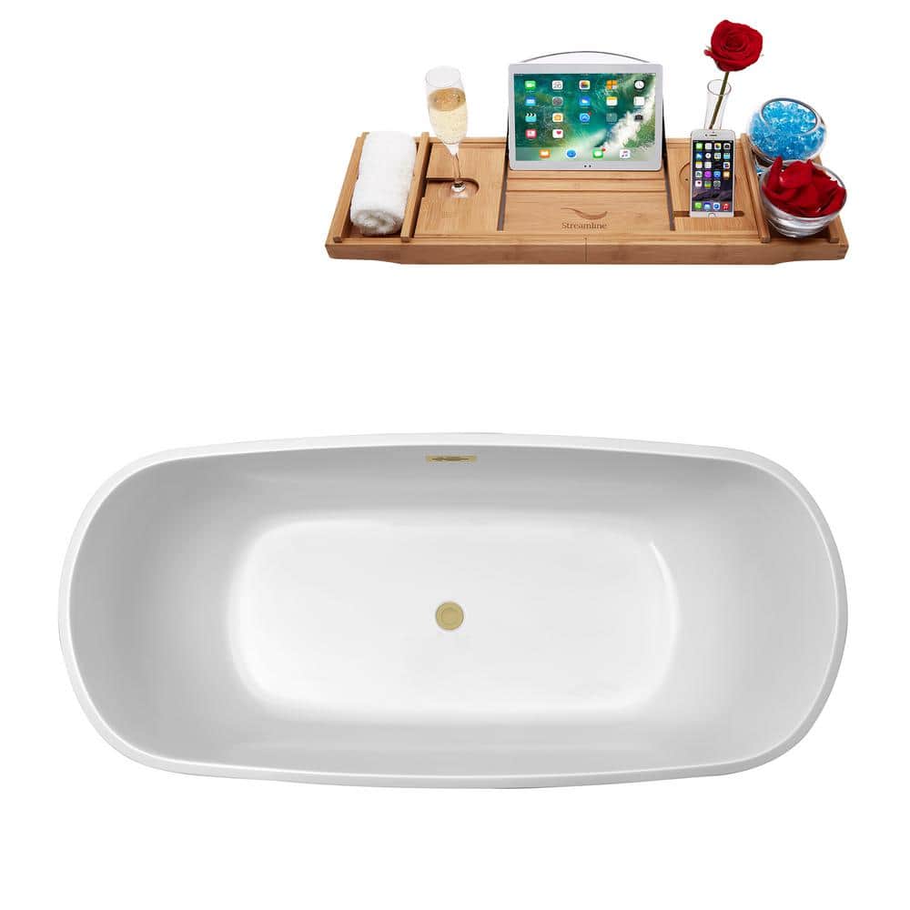 59" Glossy White Acrylic Freestanding Soaking Bathtub with Brushed Brass Drain