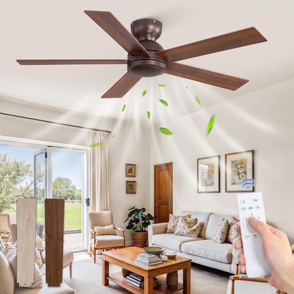 48 in. Indoor Brown 6-Speed Timer Flush Mount Low Profile Ceiling Fan without Light with Remote Control Included