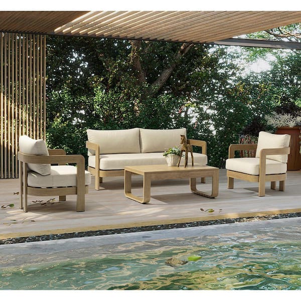 Outdoor Aluminum Sofa Set, 5 Person Outdoor Seating Sofa, Wood Grain Veneer Sofa Set for Patio, Cushion Color Beige