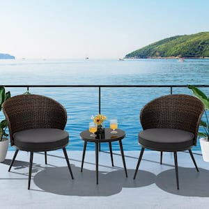 3-Piece Wicker Round 17 in. Table Outdoor Bistro Set with Grey Cushions