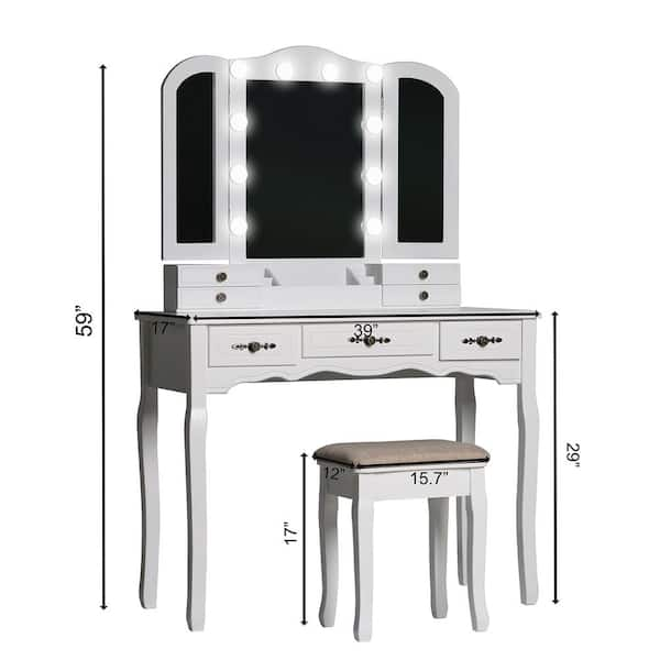 5-Drawers White Wood Makeup Vanity Set Dressing Desk W/ Stool, LED Round  Mirror and Storage Shelves 52x 31.5x 15.7 in.