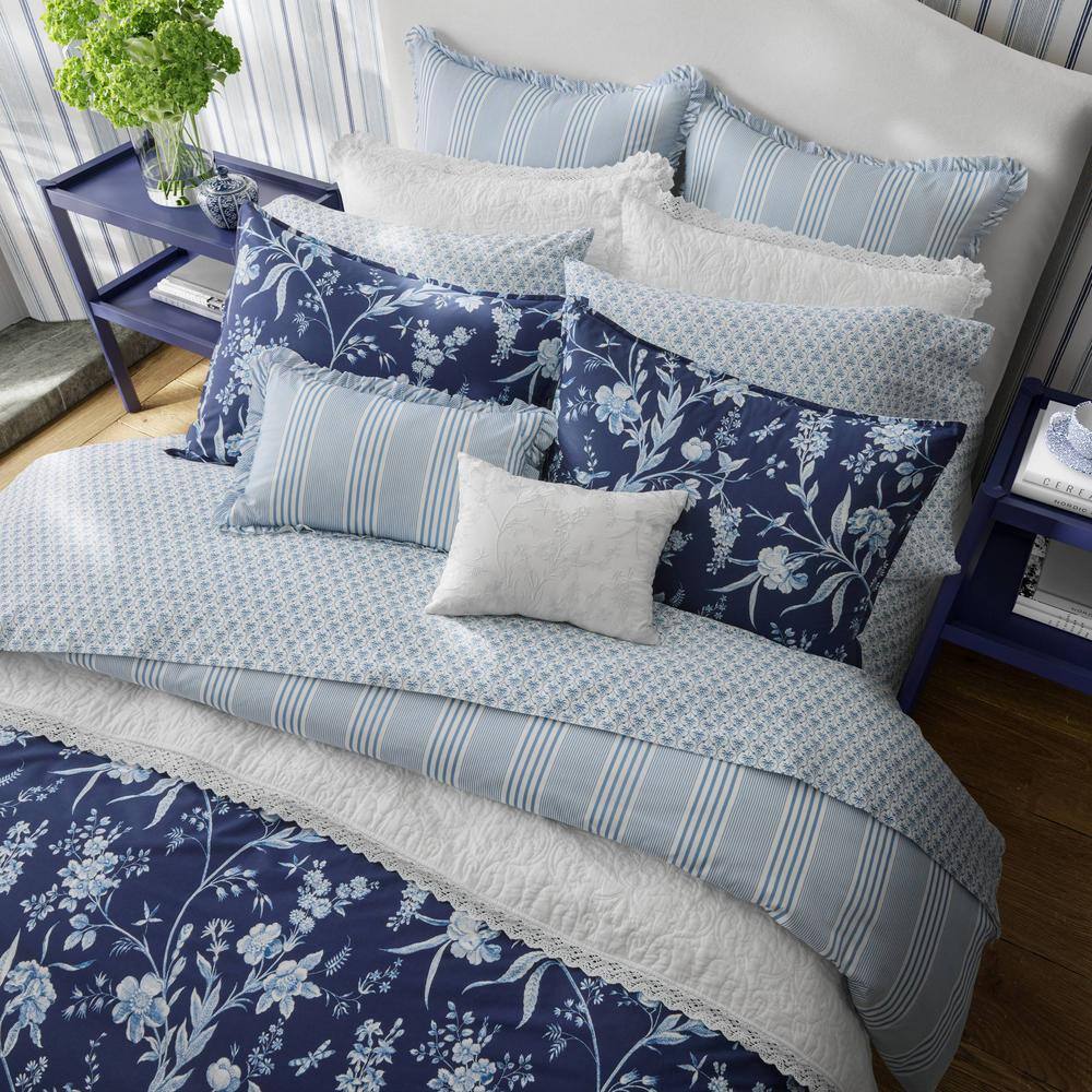 Indigo Blue Floral Cotton Full/Queen Bedspread Cover with Frills