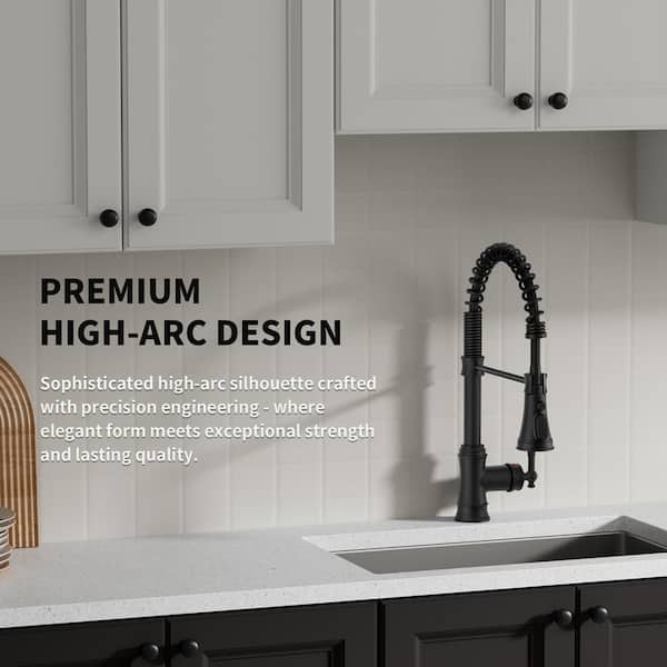 Single-Handle Pull-Down Sprayer Coil Spring High-Arc Kitchen Faucet with Deckplate Sink Faucet in Matte Black
