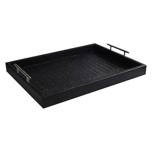 19 in. x 3 in. x 14 in. Alligator Black Leather and Polypropylene Rectangle Serving Tray with Metal Handles