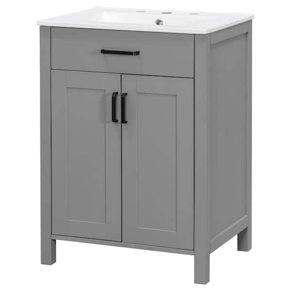 24 in. x  18.3 in. Grey Wood Rectangle Vessel Sink Bathroom Vanity Combo with Single Sink, 2-Soft Close Doors